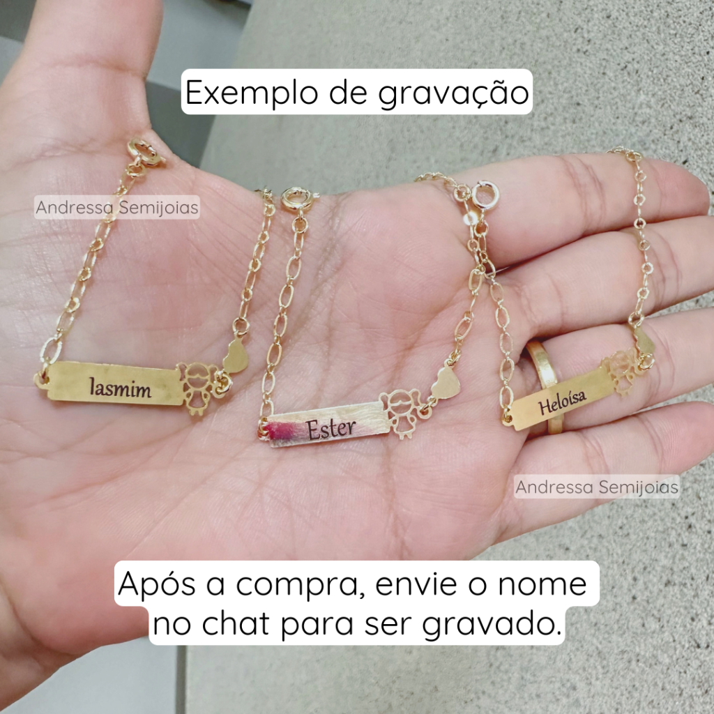 Pulseira Infantil Menina Chapa Gravação Nome Bebe Folhado Ouro 18k
