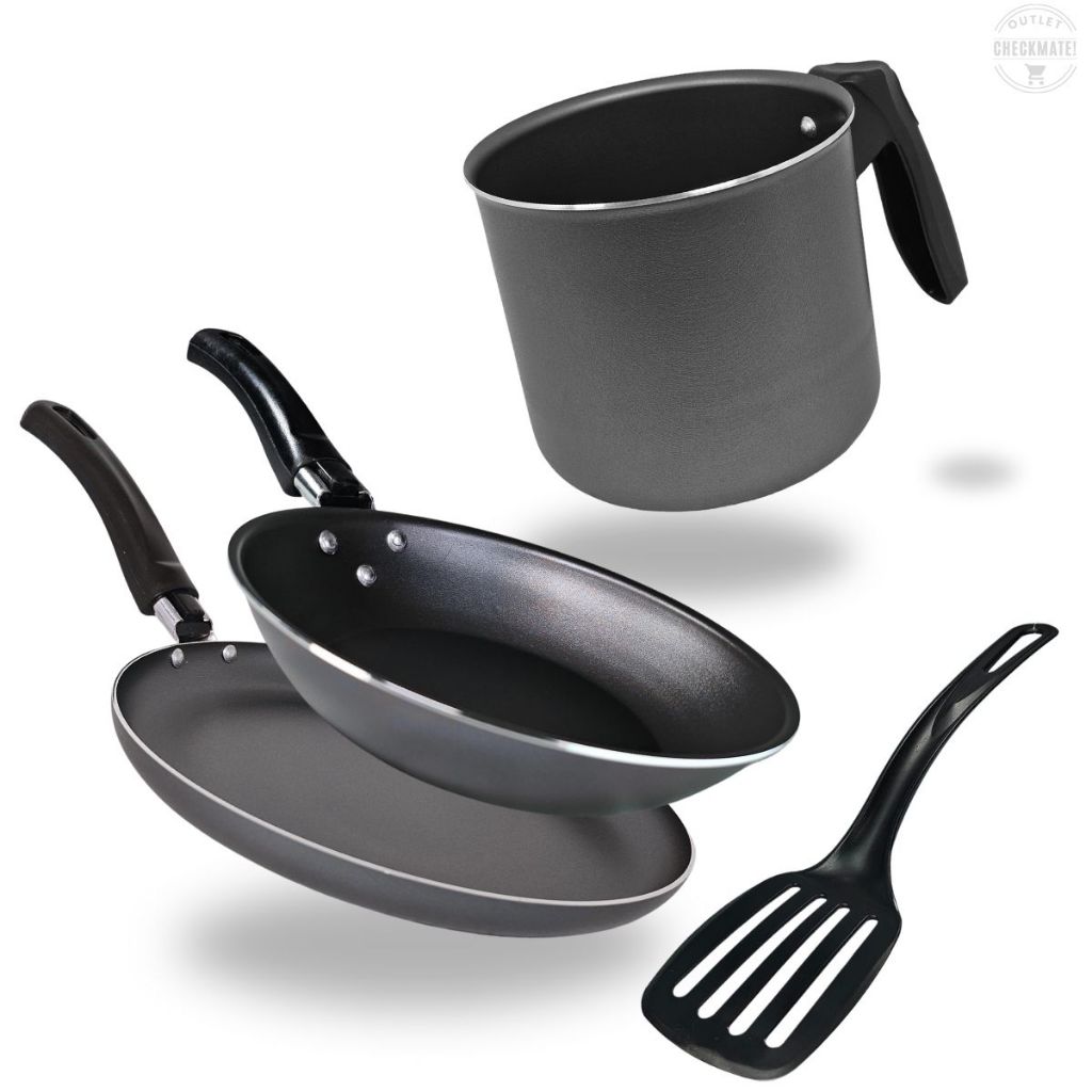 Kit Caneco 16 cm Frigideira Francesa 16 cm e Panquequeira 22 cm Antiaderente Teflon Cor Preto