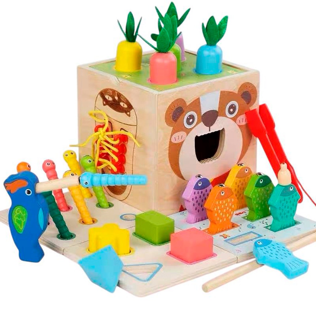 Cubo Sensorial Montessori De Madeira Caixa de atividades 8 em 1 para 2 anos