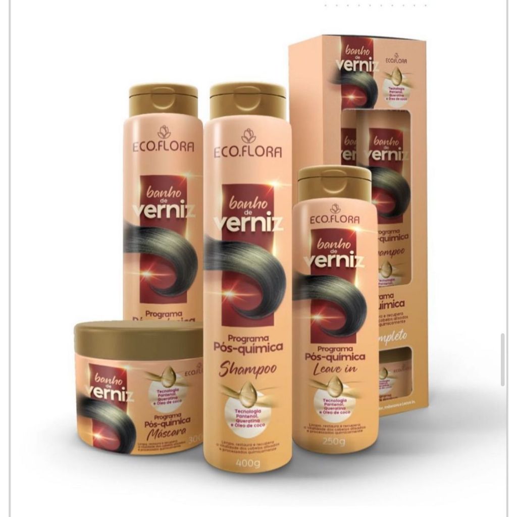 KIT BANHO DE VERNIZ PREMIUM ECO FLOTA, COM 5 OLEOS ATIVOS SHMAPOO +CONDICIONADOR+MASCARA DE HIDRATAÇÃO + LIVIN