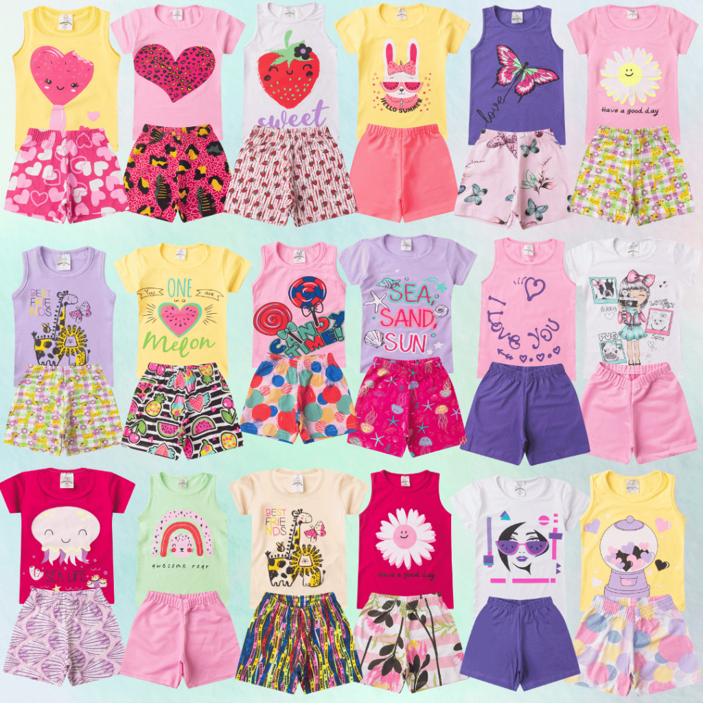 Roupa Infantil Menina 8 peças Kit Sortido 4 conjuntos roupa infantil bebê feminino verão tamanho 1 ao 14 Pronta Entrega