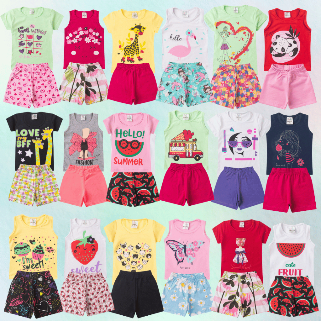 Kit 10 peças Roupa Infantil  Menina - 5 conjuntos roupa infantil feminino verão(5 camisetas/regatas e 5 shorts/bermudas)