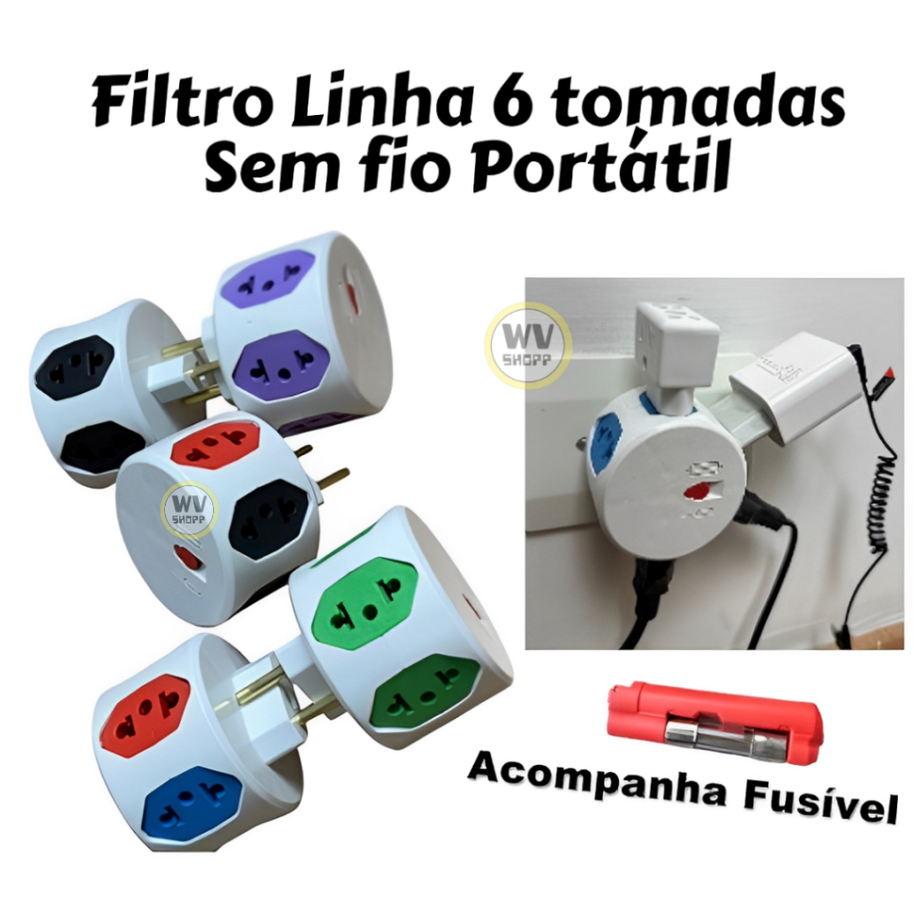 Adaptador Filtro de Linha 6 Tomadas Esfera 10a e 20a Sem Fio Pino Plug Portatil Com Fusivel