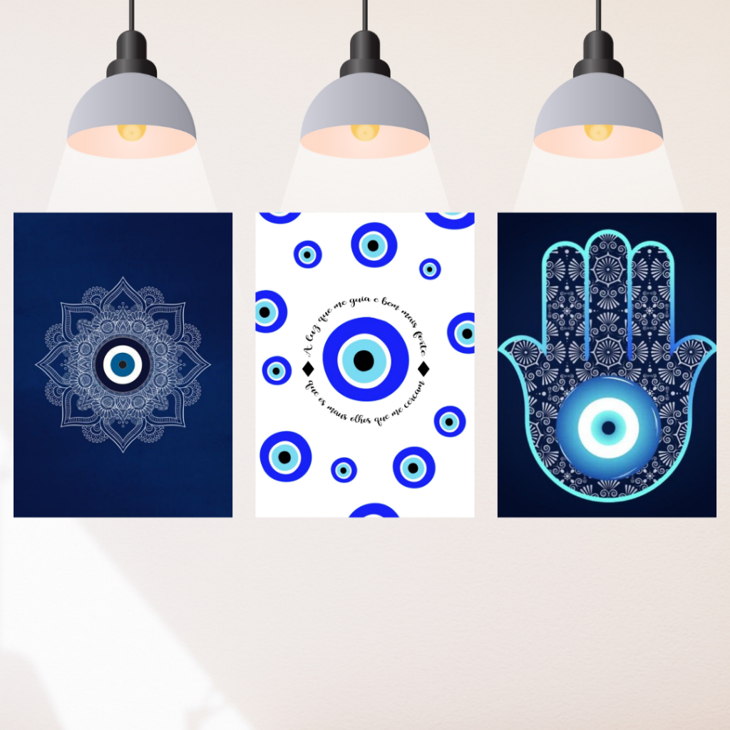 Kit 3 Quadros Cabeceira Olho Grego Mão de Fátima Sala Escritório quarto Mdf Decorativo
