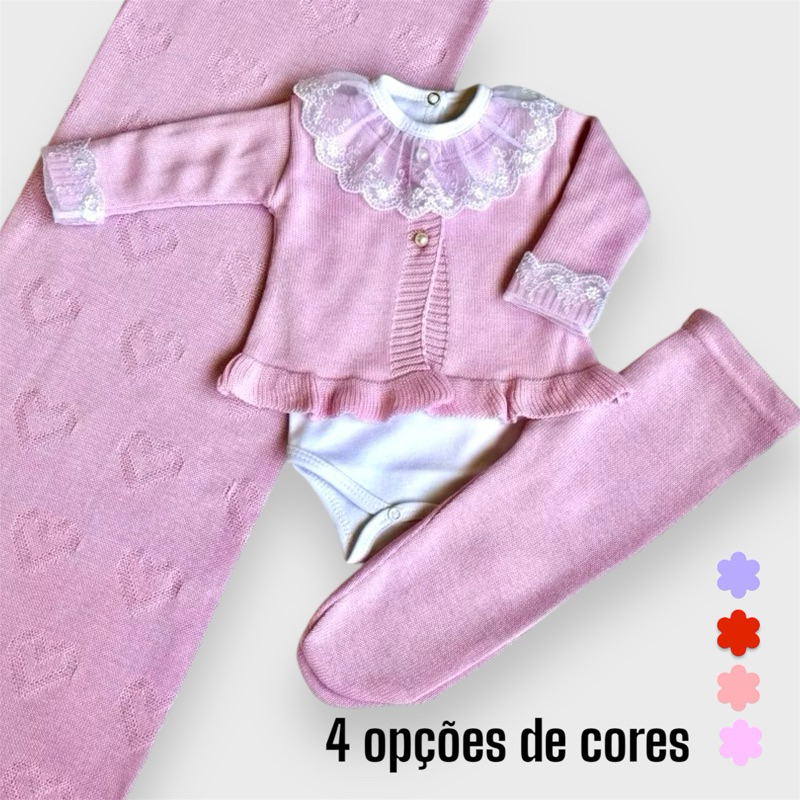 Kit Saída maternidade Menina em Tricô -  Casaco, Calça, Body Gola Renda e Manta Opcional