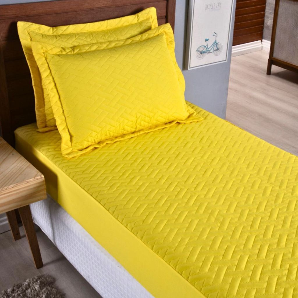 Colcha Solteiro 2 pçs Matelado Amarelo Com Elástico Macio Solteiro Decorativo Confortavel Quarto Bom