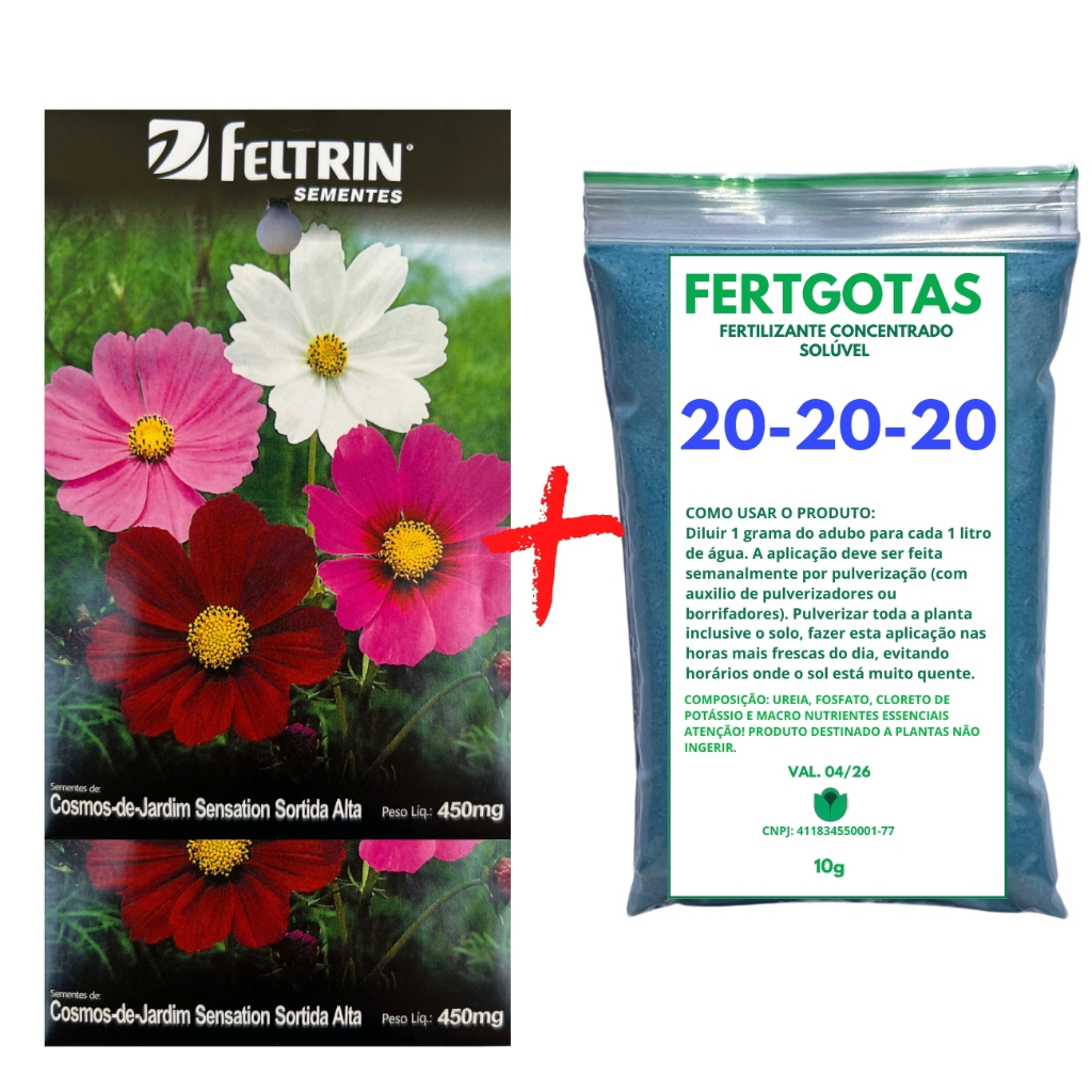Até 270 Sementes de Cosmus Sortidos - Feltrin + Fertilizante Solúvel 20-20-20