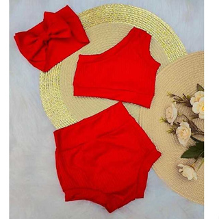 CONJ. INFANTIL BEBÊ - 3 PEÇAS: TAPA FRALDA+BLUSA+TIARA. Short Bebê - Canelada c/ elastano. em Oferta na Shopee