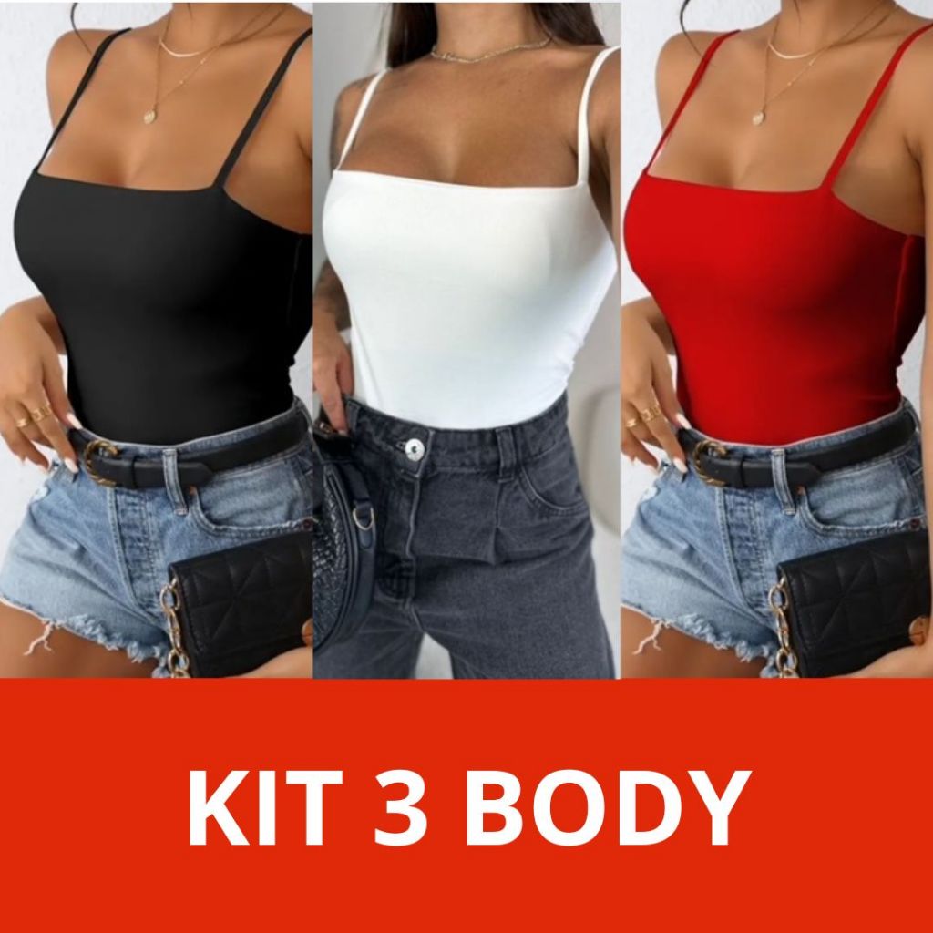 Kit 03 Body Feminino Milão Alcinha Decote Reto Básico em Oferta na Shopee