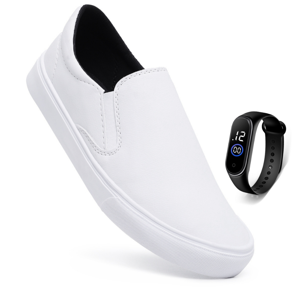 Tênis Iate Slip On Branco Sapatênis Casual Sem Cadarço Enfermagem Médico Hospital + Relógio