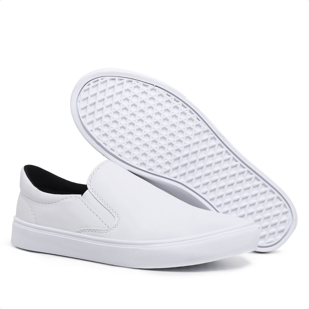 Detalhes do Tênis Iate Slip On Branco Sapatênis Casual Sem Cadarço Enfermagem Médico Hospital + Relógio