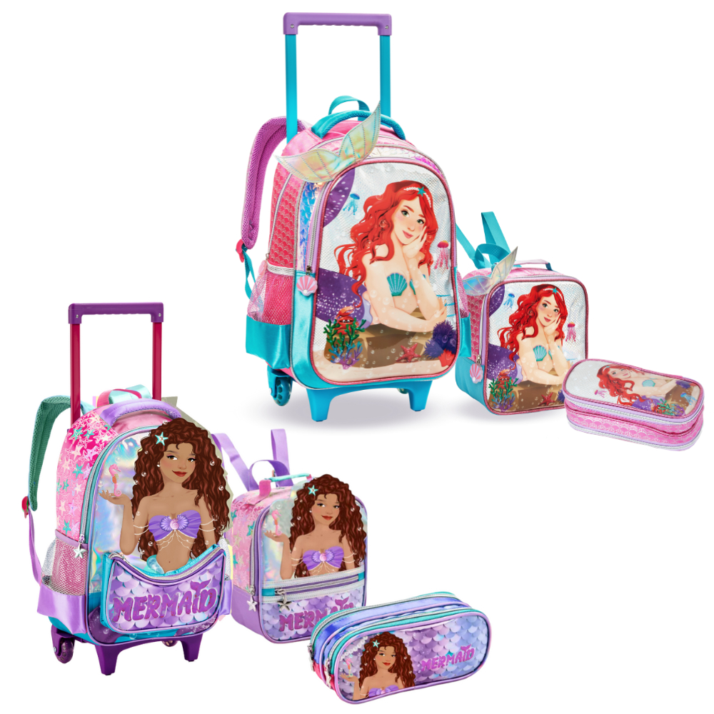 Mochila Infantil Menina Rodinha Escolar Sereia 3D Morena holográfica Kit Com Lancheira Térmica e Estojo