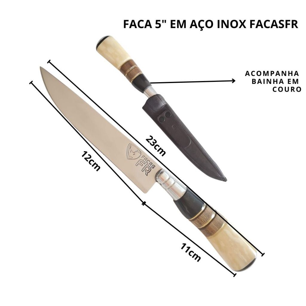 Faca Churrasco Artesanal Profissional Gaúcha Aço Inox Cabo Osso Madeira Chifre Chifre 5 Polegadas