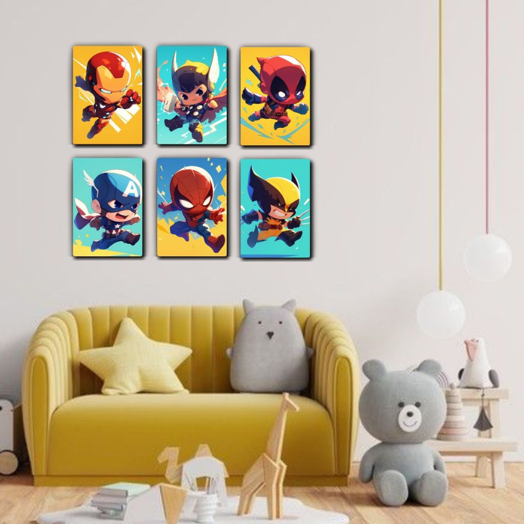Kit 6 Quadros Decorativos Heróis Marvel Homem de Ferro, Thor, Deadpool, Capitão América Homem Aranha, Wolverine