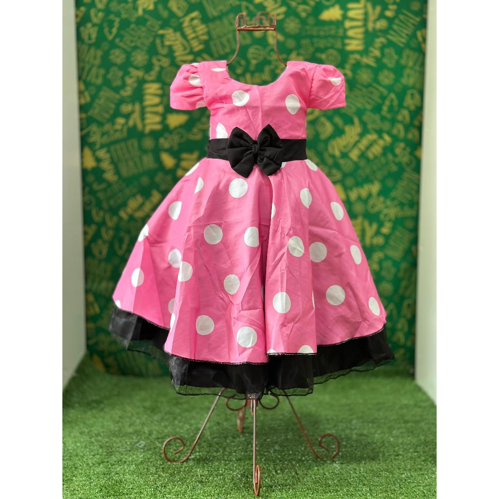 Vestido Menina Infantil Elegante Luxo Rosa Bolinhas Brancas Minnie Rosa