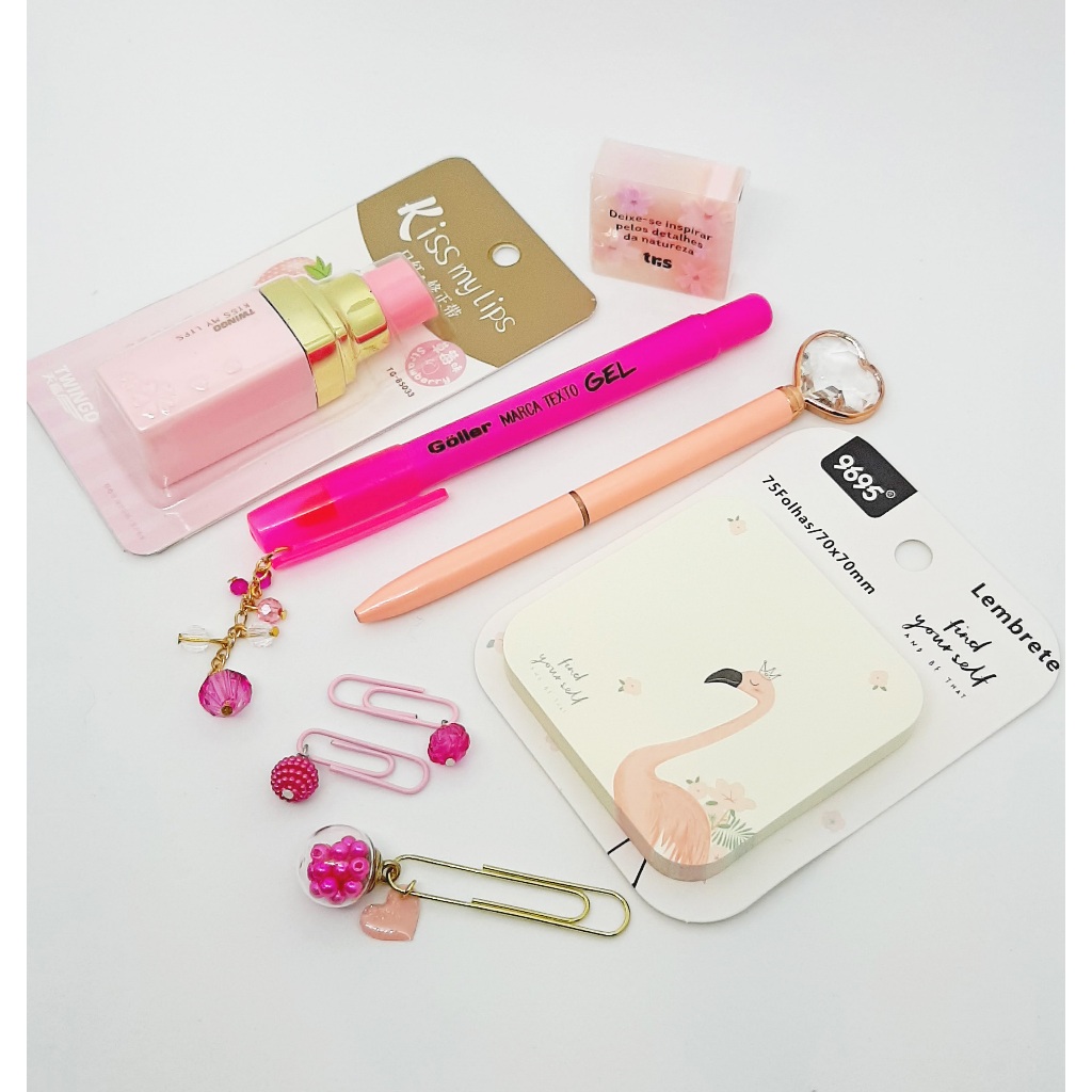 Kit papelaria luxo - corretivo batom caneta coração marca texto clips - Office Escolar - Papelaria Criativa