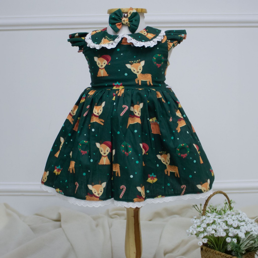 Vestido Bebê Menina e Infantil Algodão Estampado Rena de Papai Noel Natal com Embalagem Presente