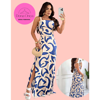 Vestido Longo Feminino Viscolinho Alça Soltinho com Fenda Estampado Elastex Verão em Oferta na Shopee