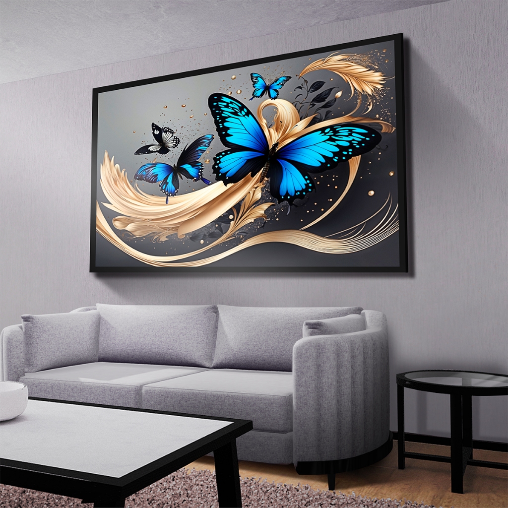 Quadro Decorativo Borboleta Azul Fundo Cinza Mosaico Sala Quarto Escritório Hall em Oferta na Shopee