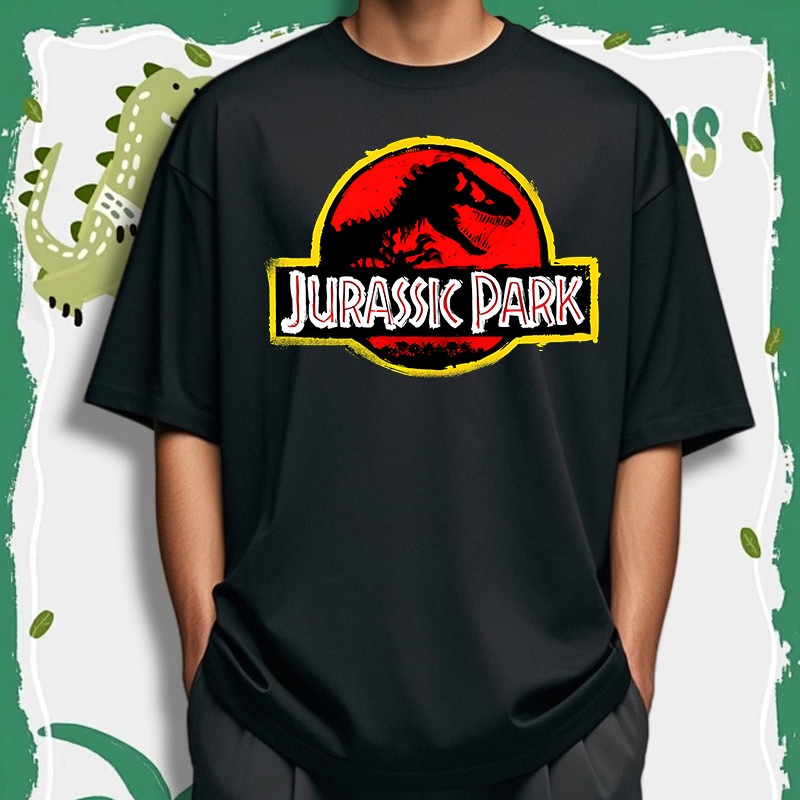 Camiseta estampada de algodão premium Jurassic Park Camiseta com estampa gráfica de dinossauro, mangas curtas 100% algod