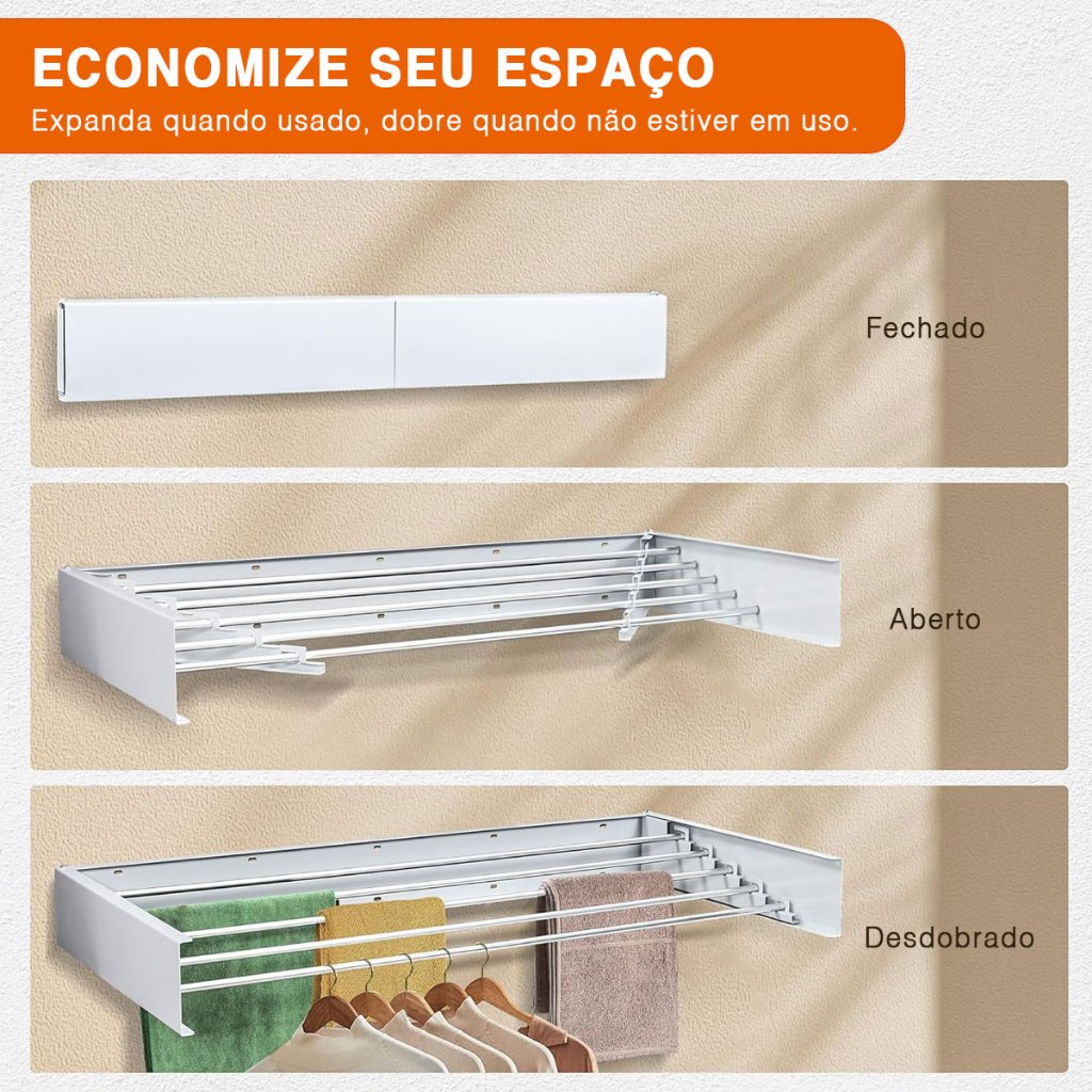Varal Parede Mágico Retrátil Dobrável 100cm Até 20kg Alumínio