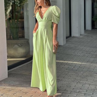 Macacão feminino 2024 verão Manga folhada Cintura alta Perna larga Bodysuit Moda Macacão