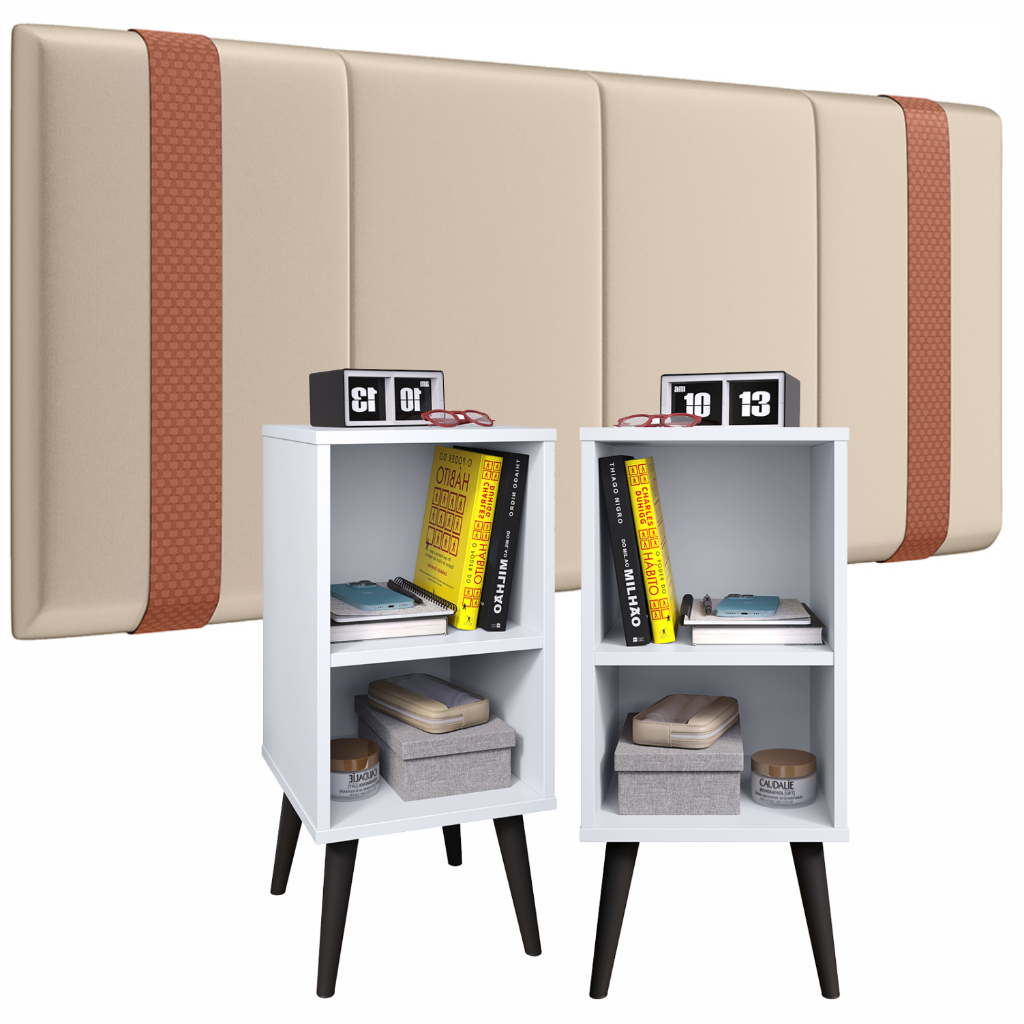 Kit Casal Mozão Quarto 2 Mesa De Cabeceira Charme Com Cabeceira 140 Parise Com Detalhe Em Couro