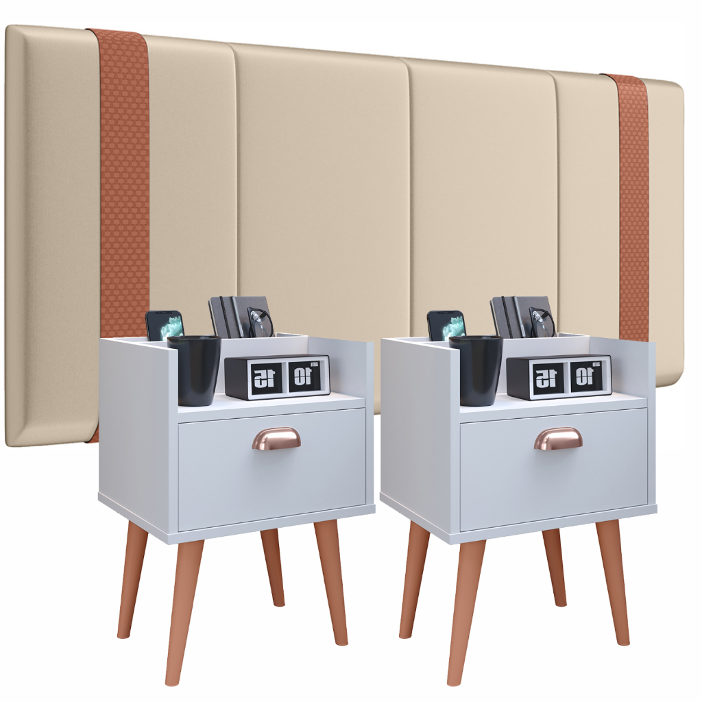 Kit Casal Mozão Quarto 2 Mesa De Cabeceira Milena Com Cabeceira 140 Parise Com Detalhe Em Couro