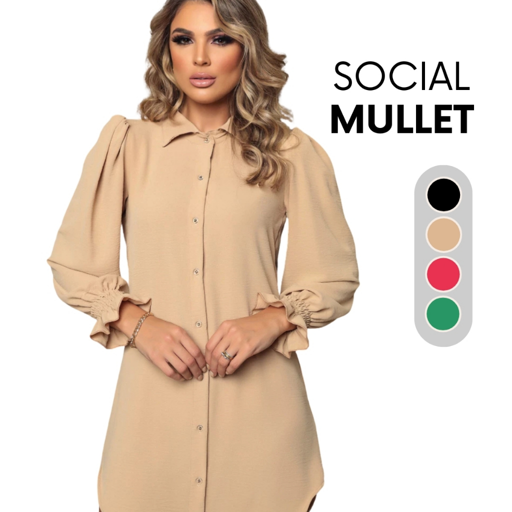 Vestido Camisão Chemise Feminino Social Mullet Vestido Manga Longa Botões Camisão