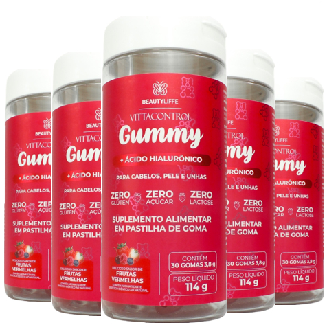 Kit 5 VittaControl Gummy ZERO Vitamina e goma Cabelo, Unhas e Pele com Ácido Hialurônico CONCENTRADO