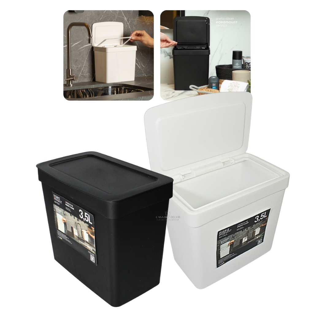 Lixeira Cesto de Lixo de Pia Banheiro Escritório Casa 3,5L Preta / Branca Paramount Compacta - Home & Living