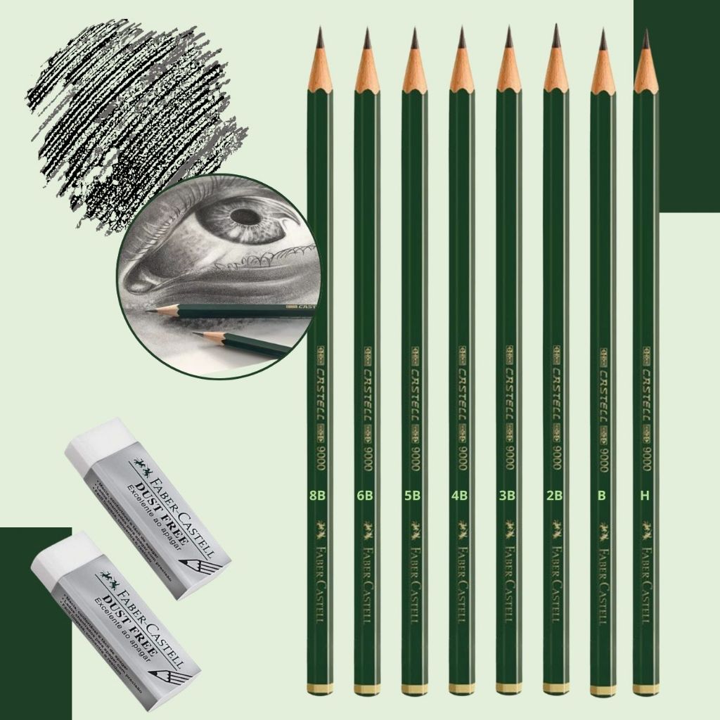 Kit Lápis para Desenho Profissional 8 ecolápis Grafite 9000 + 2 Borrachas Dust Free Faber Castell em Oferta na Shopee