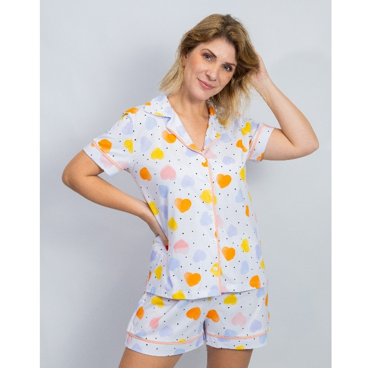Pijama Feminino Americano Manga Curta Botões Frente Algodão Verão Amamentação-Corações Col...