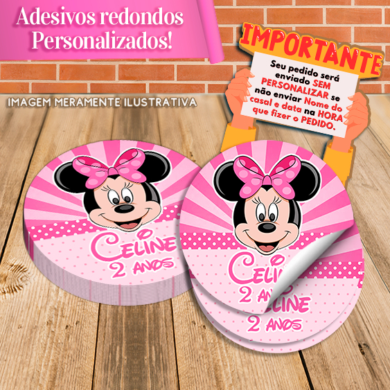 Adesivos Redondos Personalizados Minnie Vermelha e Rosa