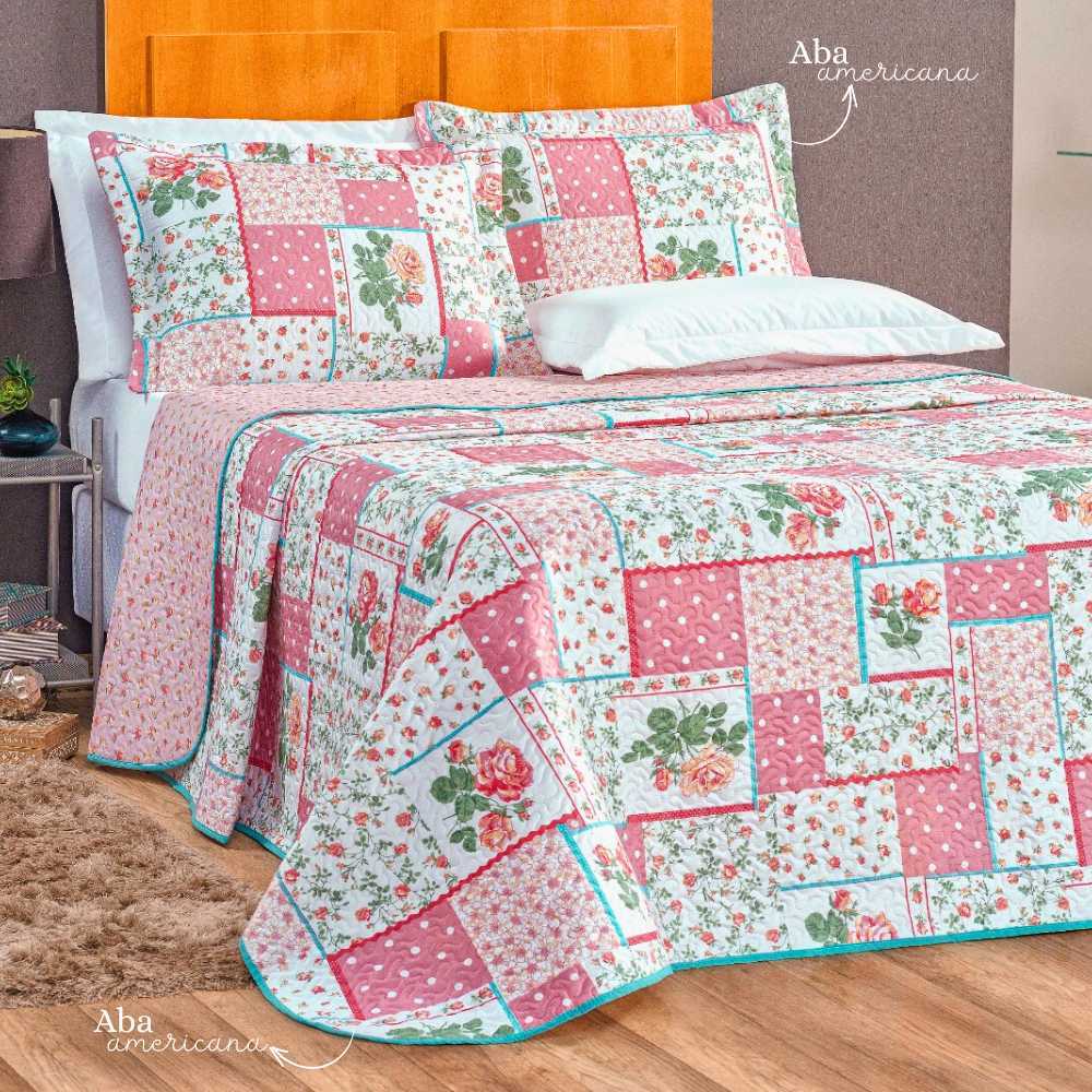 Jogo de Colcha 3 peças King/Queen/Casal Estampada Dupla Face Bouti Matelado e Com Aba Americana