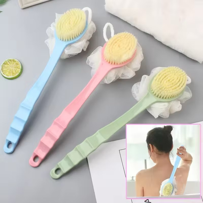 Escova Banho 2 em 1 Massagem Higiene Limpeza Pele Com Bucha Cabo Longo Banheiro Macia 8184