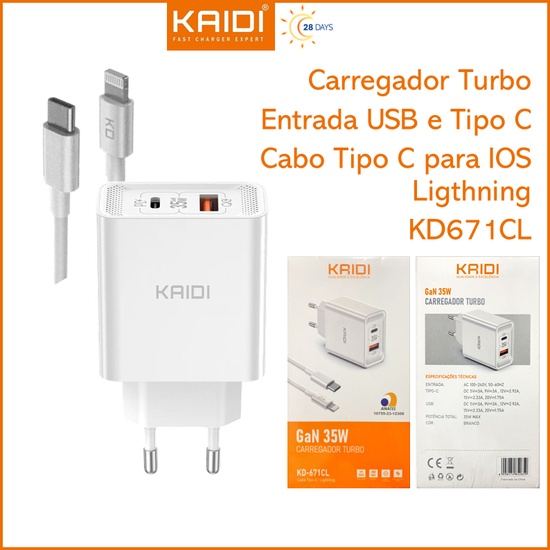 Carregador de Tomada Fonte Turbo 35W entrada dupla Tipo-C e USB com cabo Tipo C para IOS Lightning iPhone KAIDI KD-671CL