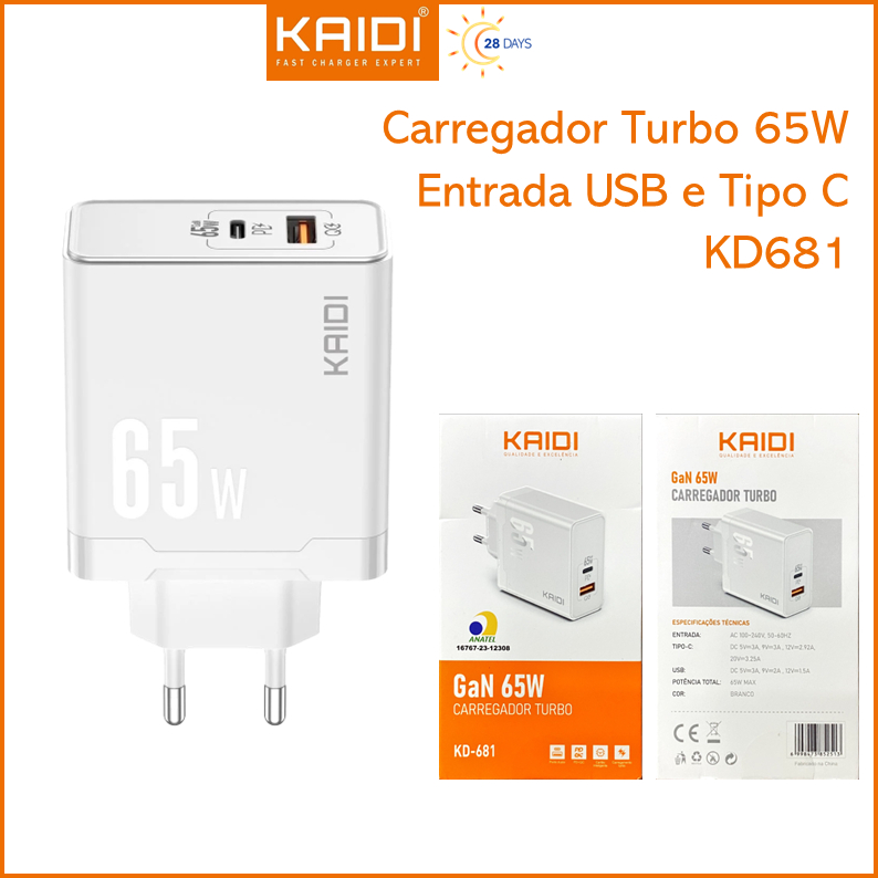 Carregador de Tomada Fonte de Carregamento Turbo 65w com entrada Tipo-C e USB KAIDI KD-681 em Oferta na Shopee