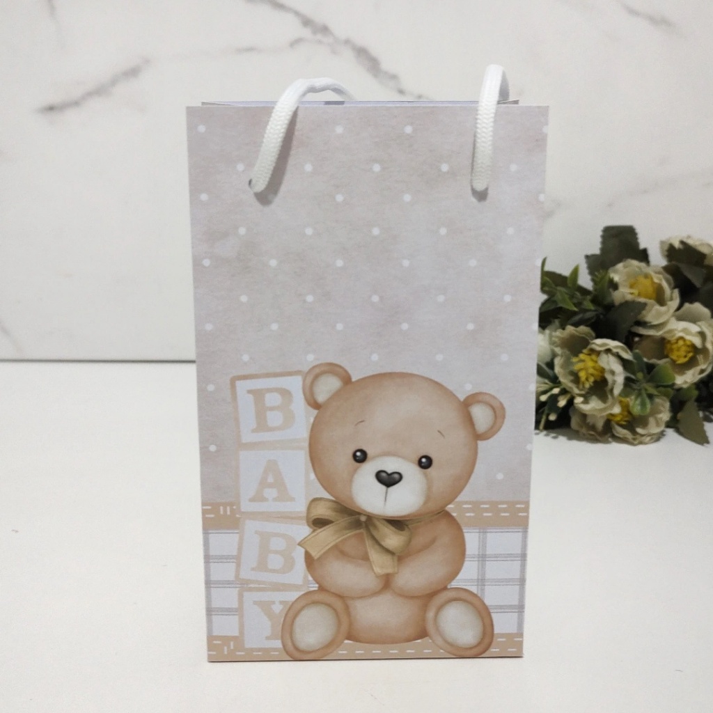KIT PEGUE E MONTE SACOLINHA SURPRESA PERSONALIZADA CHÁ REVELAÇÃO URSINHO DOURADO BEGE