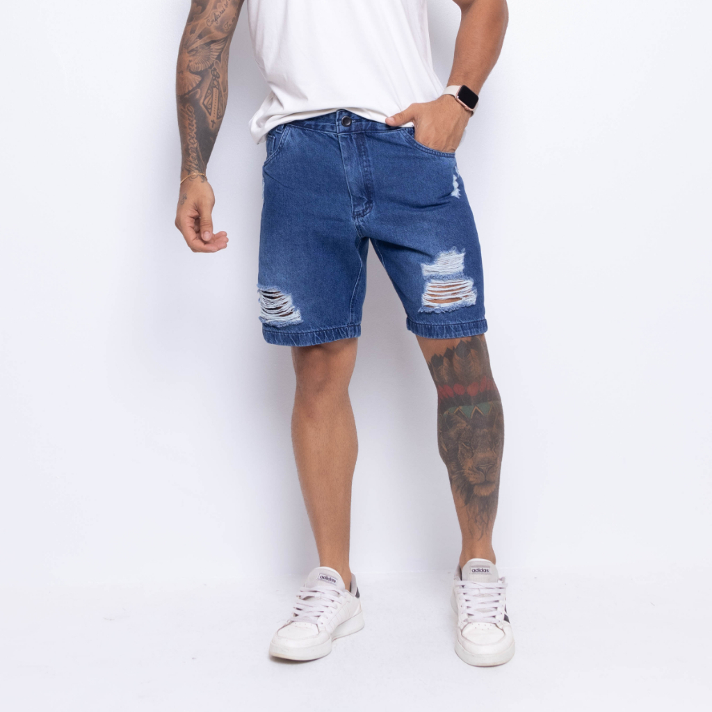 Bermuda Jeans Short Masculino Rasgado Destroyed Fashion Corte Moderno Jeans Premium