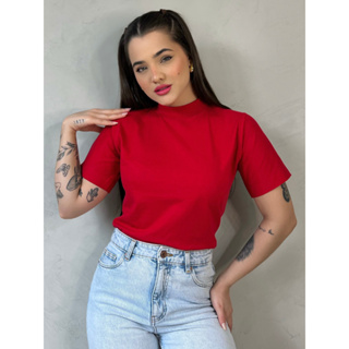 Blusas Gola Alta T-shirt Feminina Camiseta Básica Lisa 100% Algodão em Oferta na Shopee