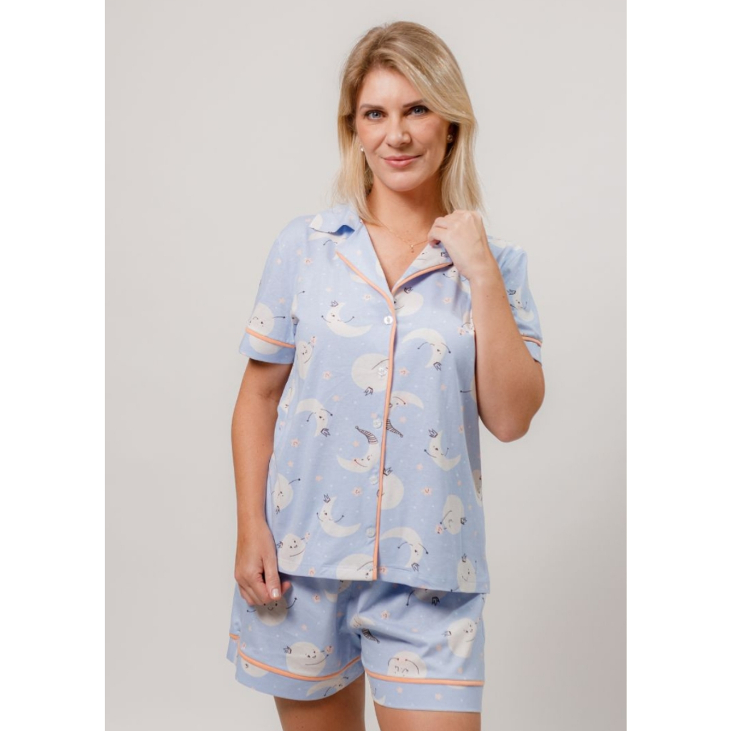 Pijama Feminino Americano Manga Curta Botões Frente Algodão Pós-Cirúrgico Verão - Lua Azul em Oferta na Shopee