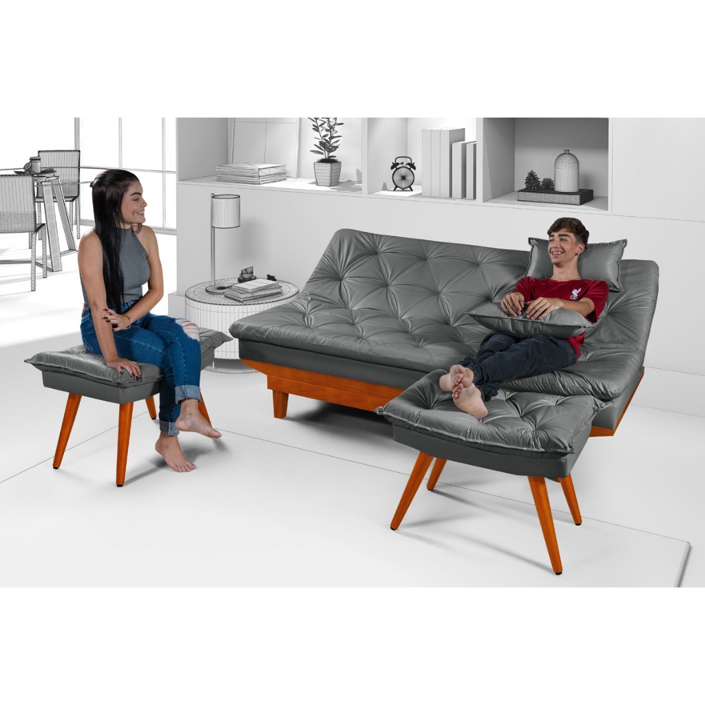 Sofá Cama Caribe Em Couro Sintético + Duas Banquetas