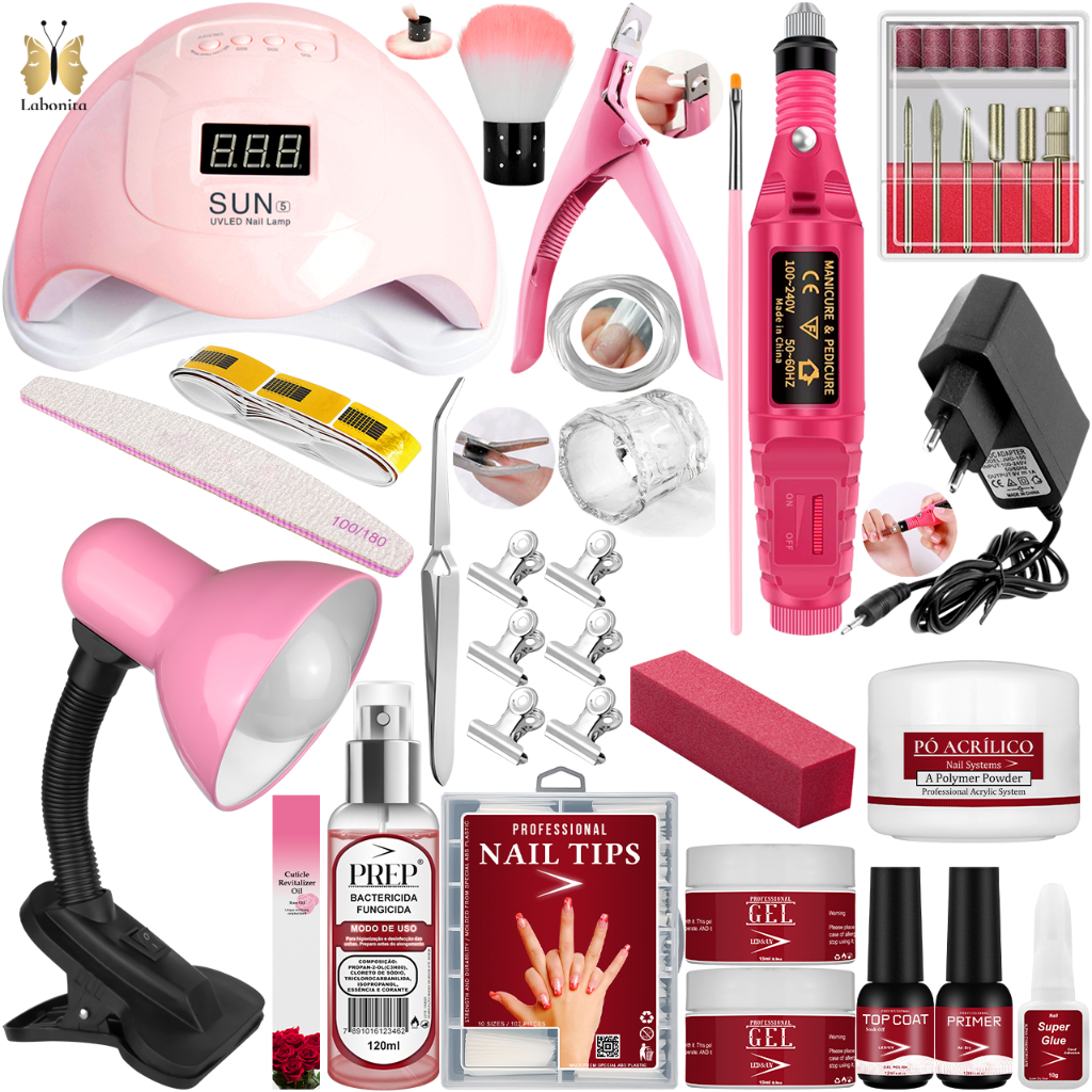 Kit Unha de Gel Completo + Cabine Sun + Lixadeira Elétrica de Unhas + Luminária de Mesa