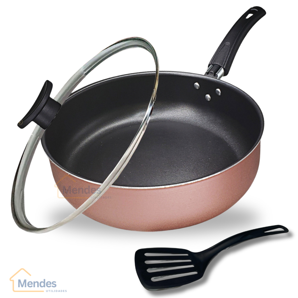 Frigideira Alta 24 cm 5 Camadas Antiaderente Teflon com Tampa de Vidro e Espátula Cor Rose e Preto