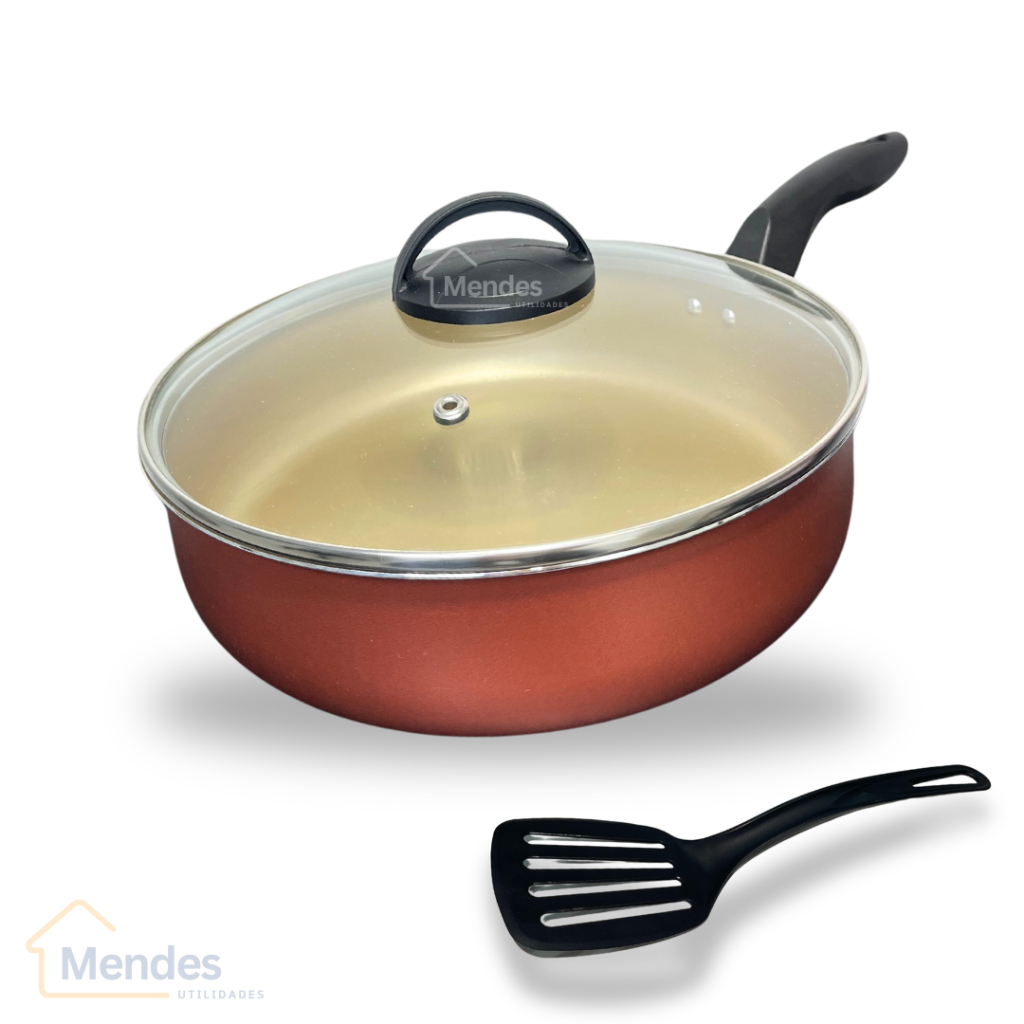 Frigideira Alta 24 cm 5 Camadas Antiaderente Teflon com Tampa de Vidro e Espátula Cor Cereja Gold