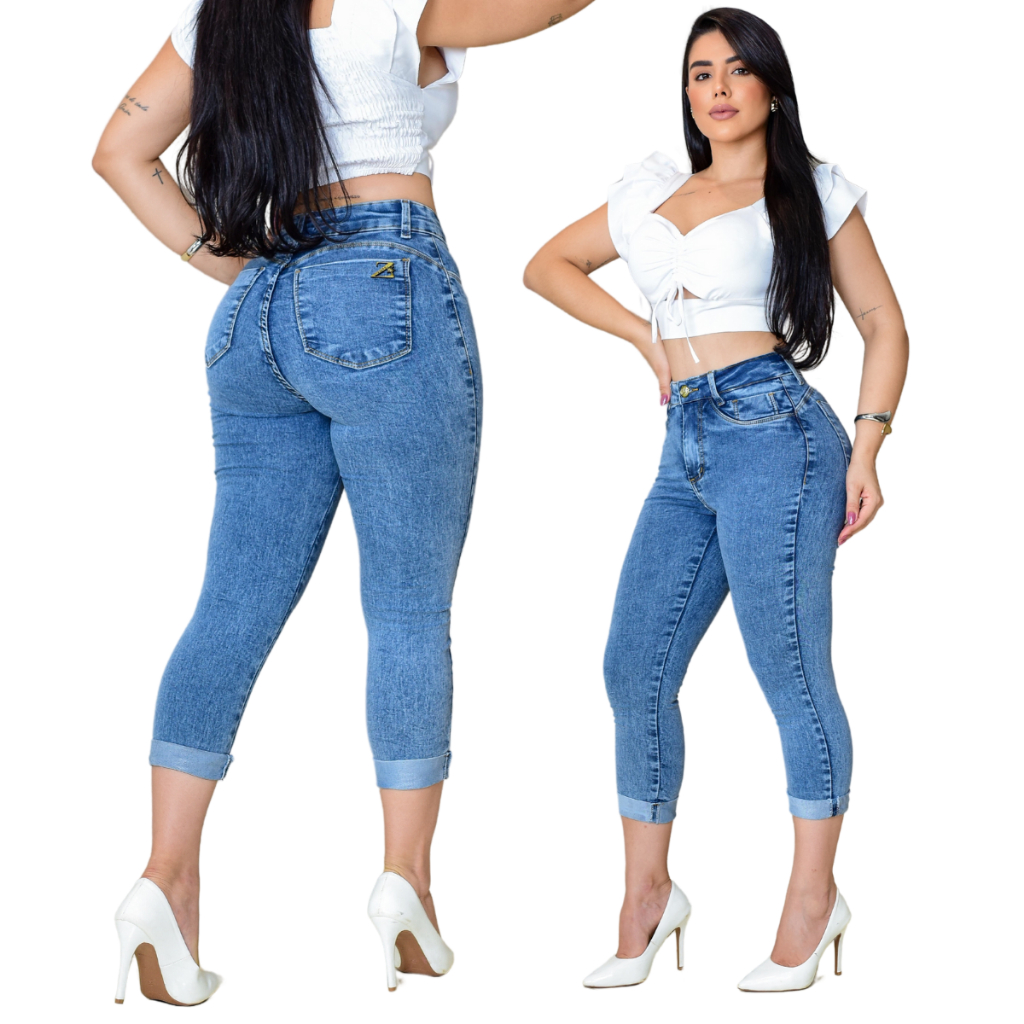 Calca Jeans Capri Feminina Clara e Escura Cintura Alta