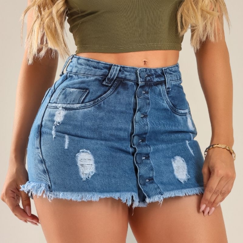 Short Saia Jeans Feminina Cintura Alta Com Laycra Versátil em Oferta na Shopee