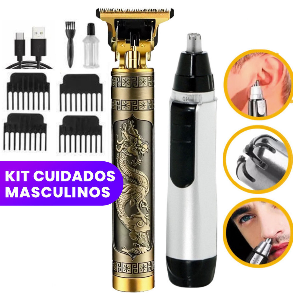 KIT Maquina cortar cabelo acabamento barbear barbeador eletrico pezinho vintage buda dragã...