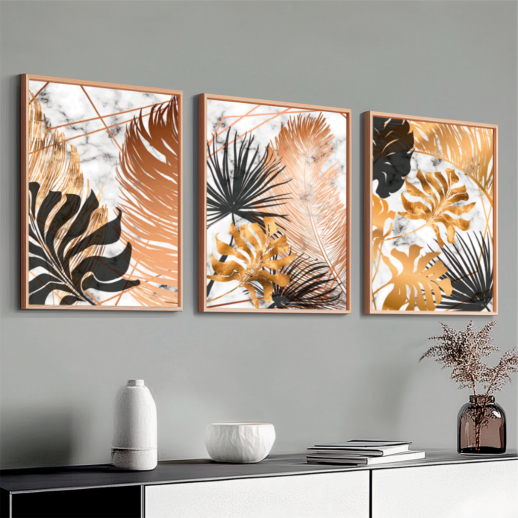 Conjunto 3 Quadros Decorativos Com Moldura De Madeira Costela De Adão Folhas Douradas